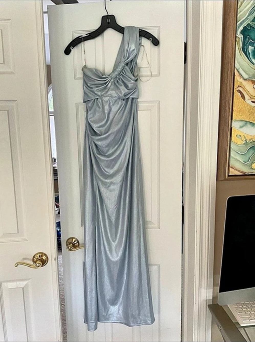 Turksih Designer Ruched Maxi Dress in Iridescent Baby Blue